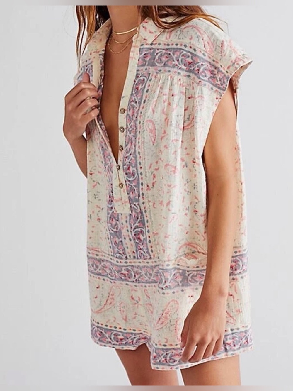 Free People Cream Paisley Print Short Jumpsuit